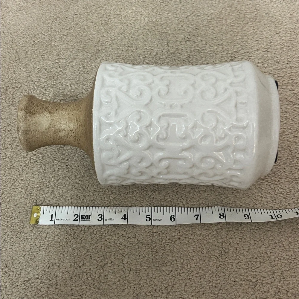 Clay Shoulder Embossed Vase White & Brown 10” tall 5”wide decorative vase
